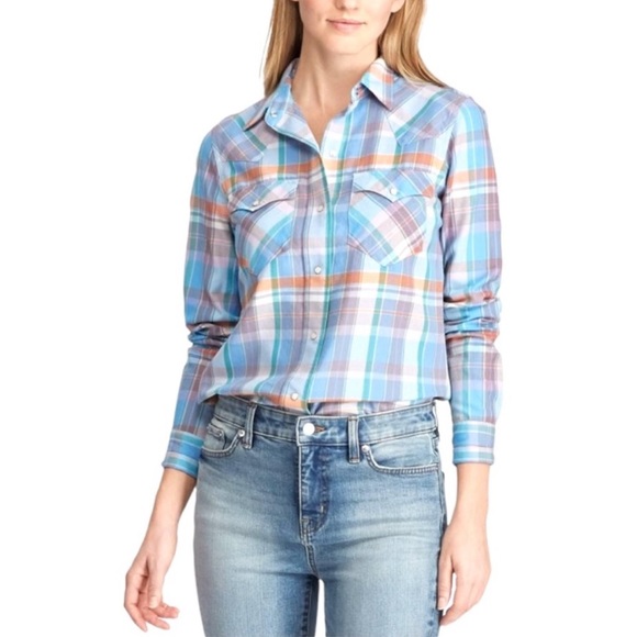 Lauren Ralph Lauren Tops - Ralph Lauren Plaid Western Pearl Snap Top Button Down Cotton Blouse Blue Small